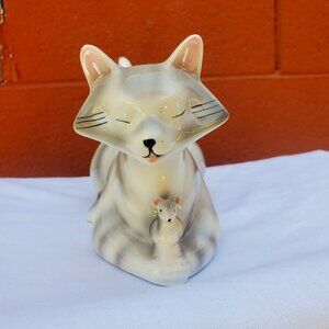 Vintage Ceramic Cat & Mouse Figural Toothbrush Holder Kitschy Cute Bouncy Tail